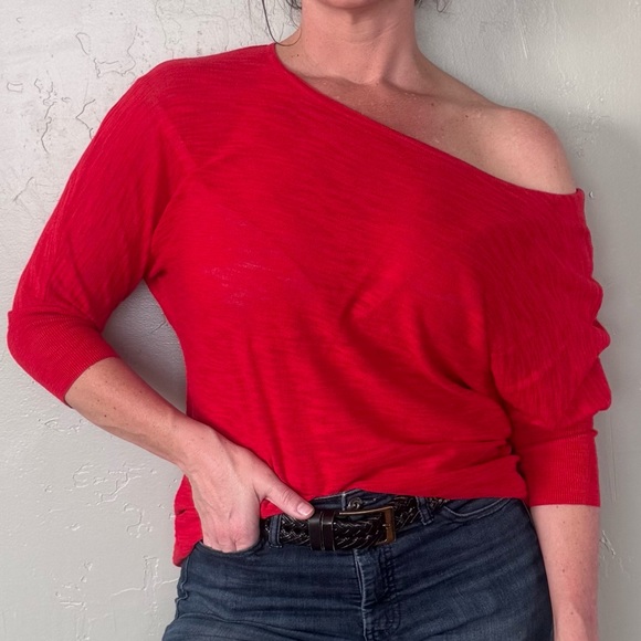Express Tops - Express Red 3/4 Sleeve Wide Neck/Off the Shoulder Top w/Adjustable Side Ruching